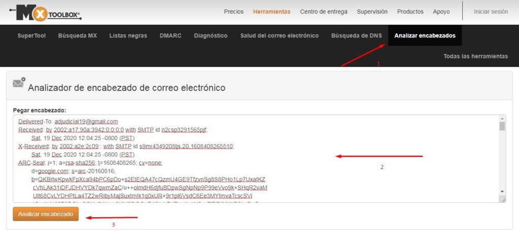 herramienta MXtoolBox para analizar encabezados